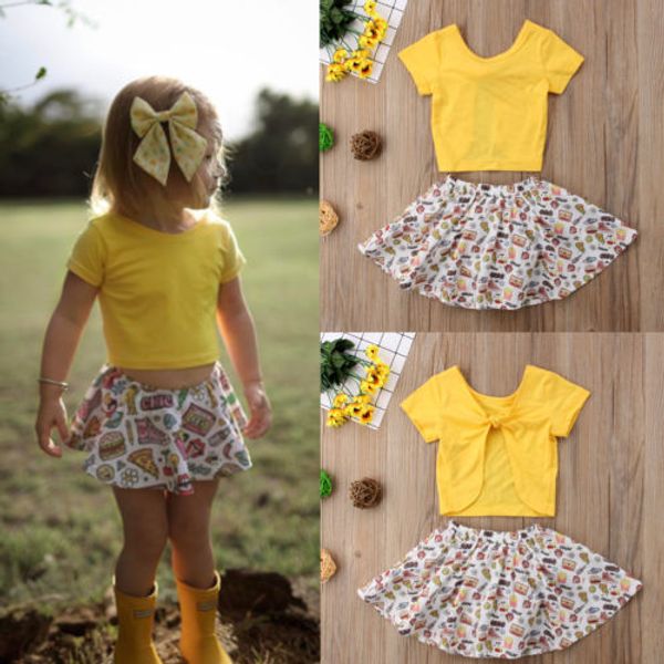 

2018 new kids girls clothes set baby girls clothes yellow t-shirt +floral skirt summer children outfits 2pcs set, Pink;blue