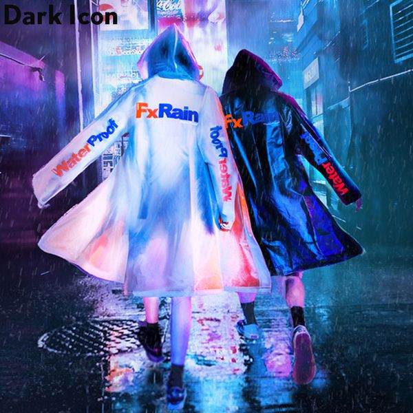 

dark letters printed x-long waterproof rain coat men's jacket with hoodie cool jackets men women black white, Black;brown