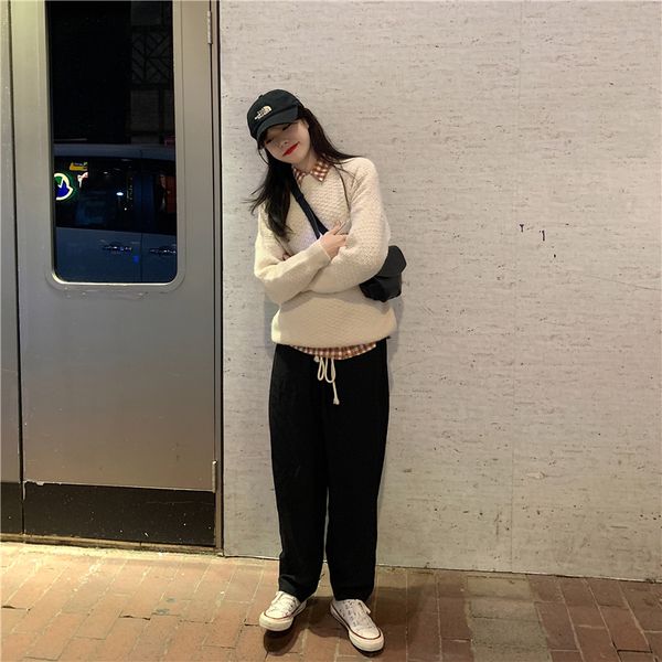 

women's loose long-sleeved round neck sweater autumn winter new solid color wild warm sweater winter clothes women ml143, White;black