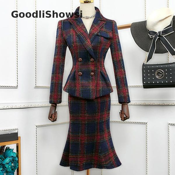 

goodlishowsi new arrival fashion 2 piece sets women's sets woolen plaid suit + fishtail skirt suits matching outfits, White;black