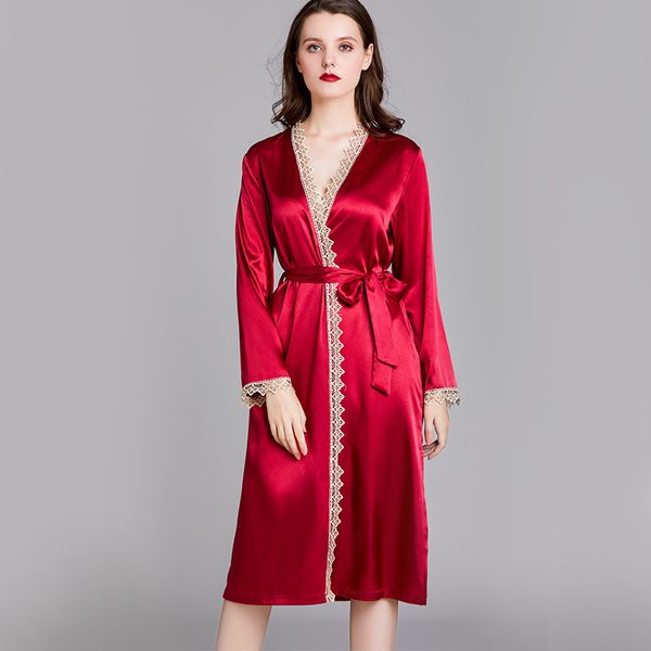

женщины длинного твердой satin robe bridal мантия невеста одеяние кружевная отделка свадебные пижамы халат туалетный длинные платья, Black;red