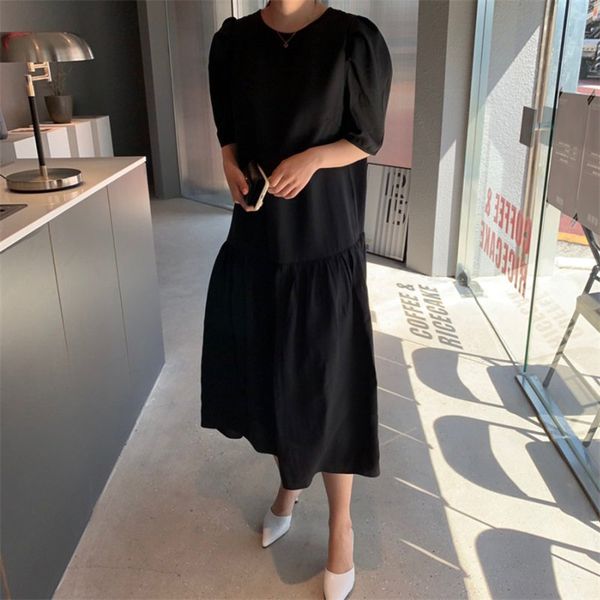 

party dresses women elegance o-neck lazy style minimalist solid gentle lady stylish a-line 2021 all match streetwear vestidos, White;black