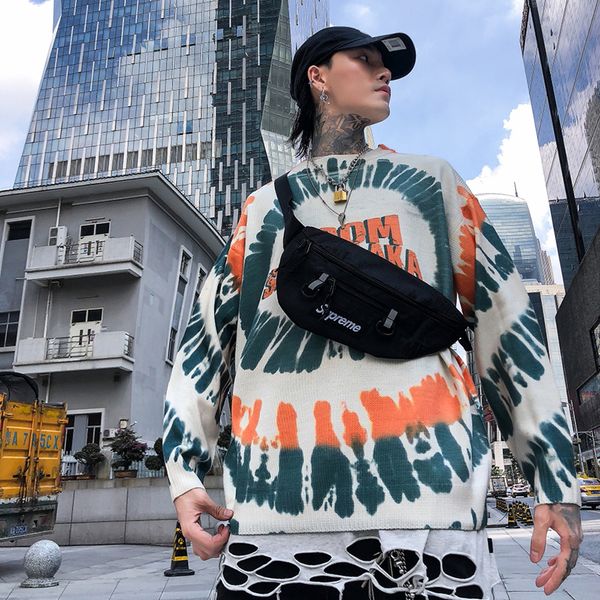 

tie-dyed sweater men hip hop streetwear crew neck pullover, White;black