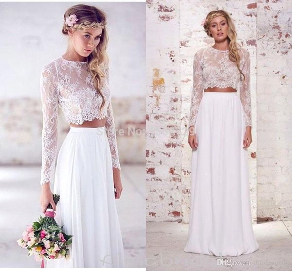 

spring 2018 two pieces crop beach bohemian wedding dresses chiffon ruched floor length wedding gowns lace long sleeve bridal dress, White