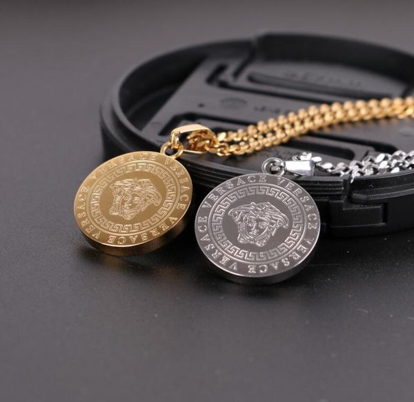 

fashion men design round card medusa necklace male retro hip hop titanium steel pendant gold silver jewelry gift