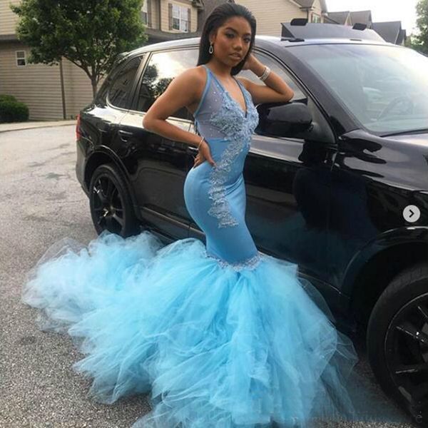 

Fashion Sweep Strain Mermaid Prom Dresses Long 2019 New Blue Lace Applique Illusion V Neck Arabic Formal Evening Party Gowns robes de Soiree