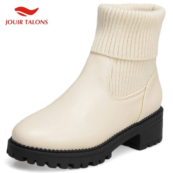 

jouir new fashion large size 43 add fur autumn winter boots woman shoes chunky heels slip on concise shoes women boots, Black