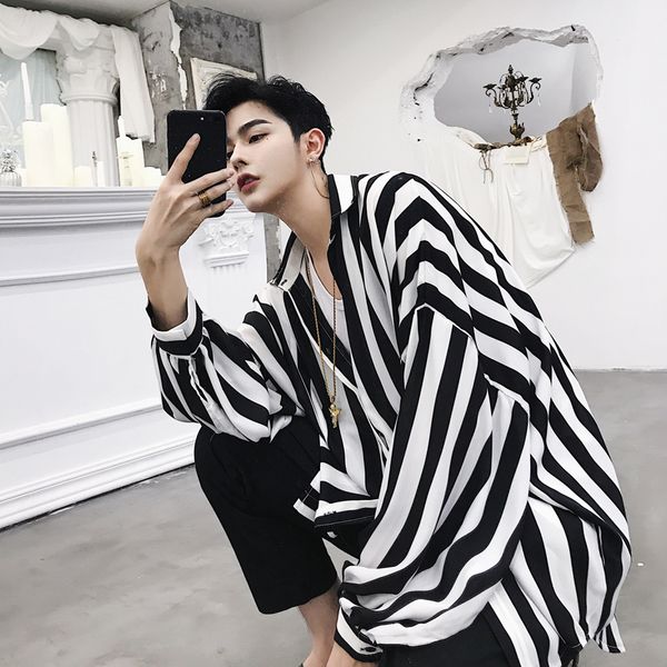 

vintage fashion stripe shirts men women couple streetwear hip hop loose casual long sleeve shirts male harajuku dress, White;black