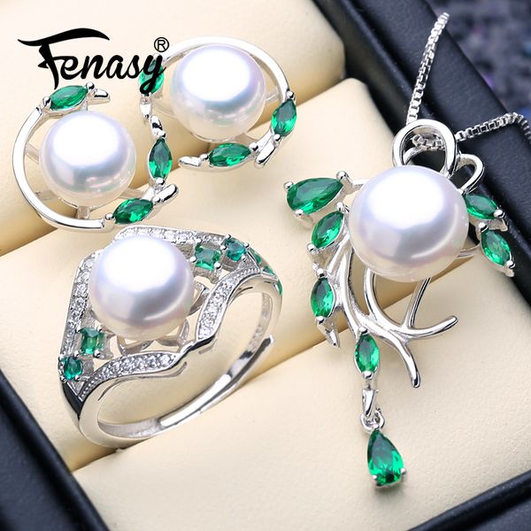 

fenasy 925 sterling silver emerald jewelry sets natural pearl stud earrings trendy pendant necklace for women green stones ring, Black