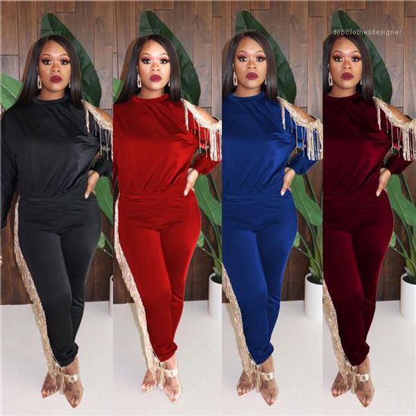 

shoulder solis ladies casual trucksuits womens 2pcs tassel sports suits spring long sleeve off the, White