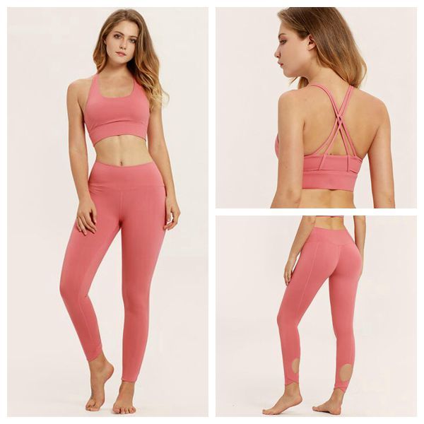 

women's sports suits pure color yoga set female running fitness sportswear gym leggings padded push-up sports bra+leggings, White;red