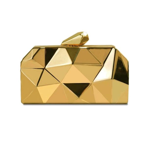 

designer-geometric small all-metal purse for women fashion clutch evening bags silver golden wedding handbag with long metallic chain