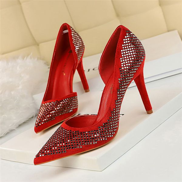 

2020 spring elegant women glitter red black 9.5cm high heel pumps rivet bling stiletto heels female party wedding shoes