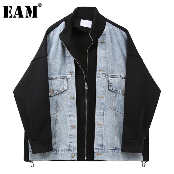 

eam] women black denim big size blazer new stand collar long sleeve loose fit jacket fashion tide spring autumn 2020 1x175, White;black