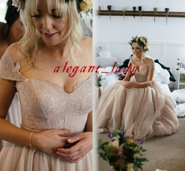 

dusty blush pink countryside wedding dresses 2019 retro cap sleeve fairy tulle long beach lace bridal garden wedding gown, White