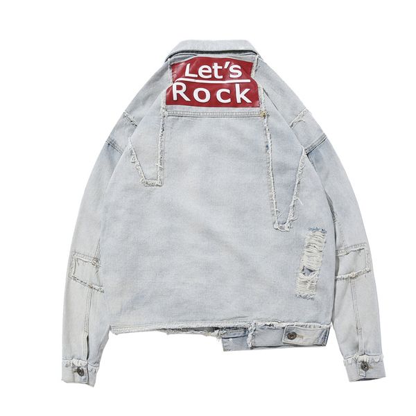 

sokotoo men's vintage patchwork jean jacket trendy streetwear letters printed denim coat holes ripped hip hop outerwear, Black;brown