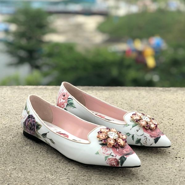 

women's leather rose print flat shoes, water drill pointed inlaid flower shoes, size: 35-41, white, Black