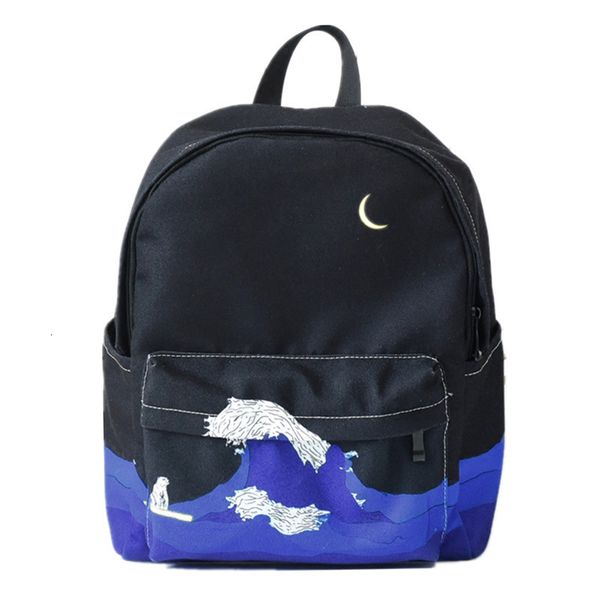 

original design black blue print sea moon backpack women casual canvas backpack school bags for teenager girls sac