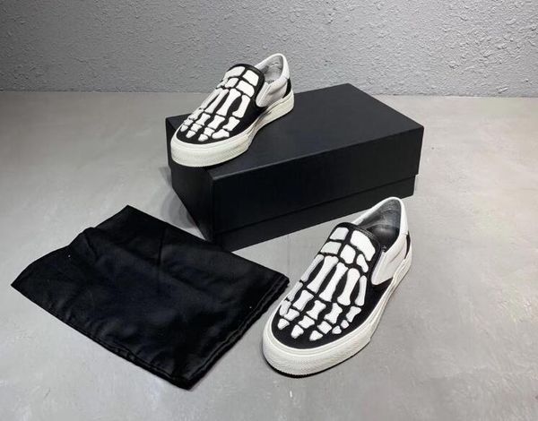 

man brand new ami ri men suede leather slip-on sneakers new york bone skeleton rock roll cool flat shoes luxury punk shoes, Black