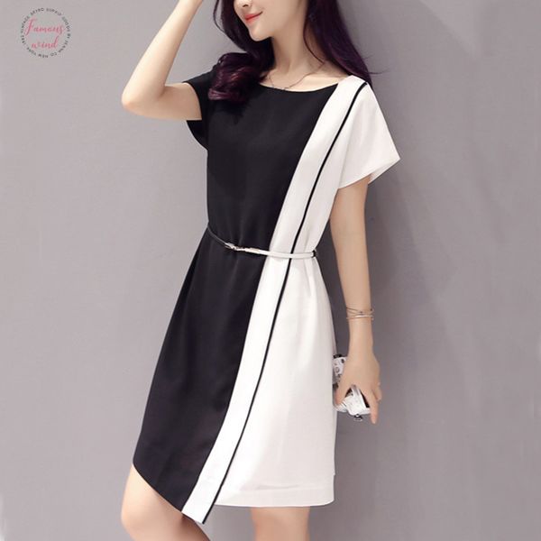 

large size chiffon contrast stitching mini dresses women summer short sleeved o neck mid rise slim party dress vintage new, Black;gray