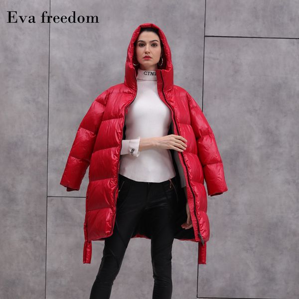 

eva om2019 winter new style coat mid-length thick warm 95% white duck down jacket hooded, Black;white
