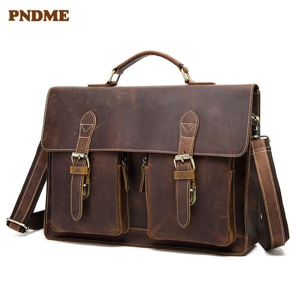 

pndme casual vintage crazy horse leather men's brown briefcase geunine leather office bag lapbag crossbody shoulder bags