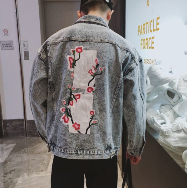 

designer men's denim jacket for autumn spring fashion lapel neck flowers jackets brand letter vintage couple streetwear, Black;brown