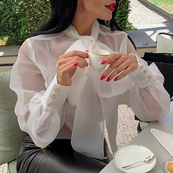 

elegant perspective womens and blouses lantern sleeve lace up plus size shirts female 2019 autumn fashion new, White