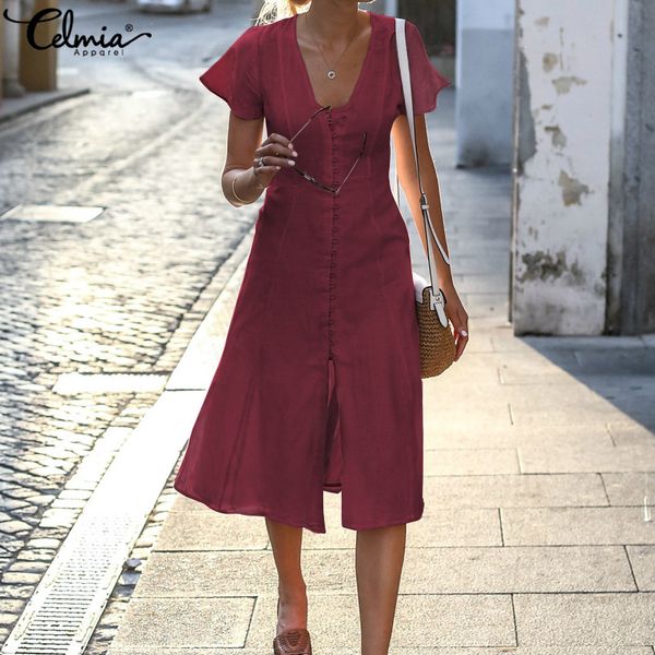 

celmia 2019 summer beach dress women mid-calf dress button down v neck shirt dresses casual kaftan party vestidos mujer 5xl, Black;gray