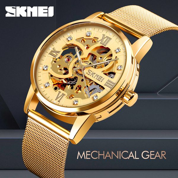 

skmei 9199 fashion women brand men luxury automatic mechanical watch stainless steel male clock relogio masculino drop shipping, Slivery;brown