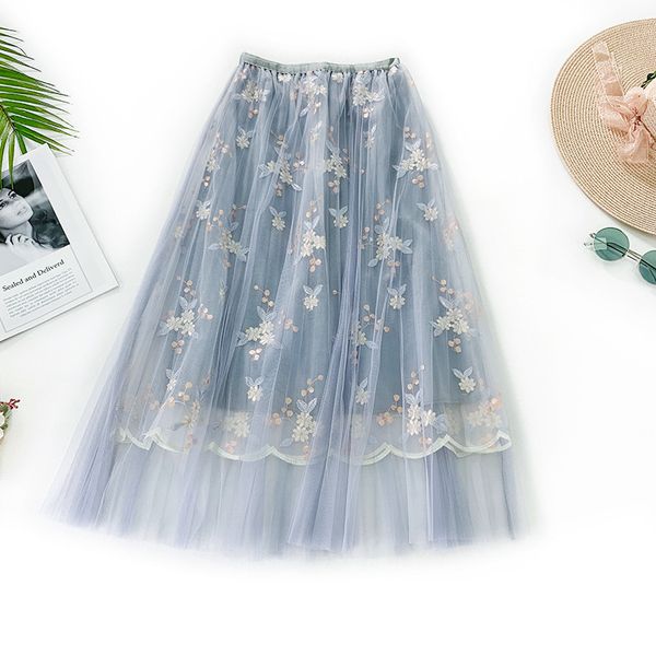 

тяжелая вышивка юбка с половиной тела свежая дрожащая плиссированная юбка вы 2019 long fund lady wind a-line юбка костюм-платье, Black