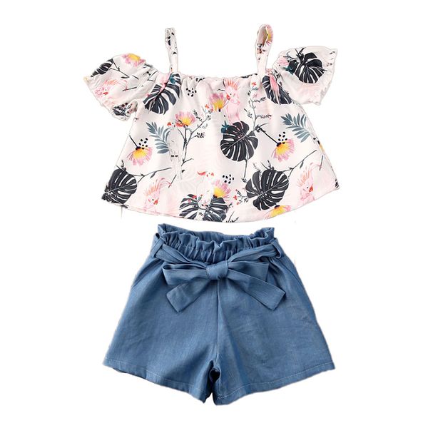 

2020 new summer fashion kid baby girls floral off shoulder t-shirt short pants outfit clothes set 2-6y, White