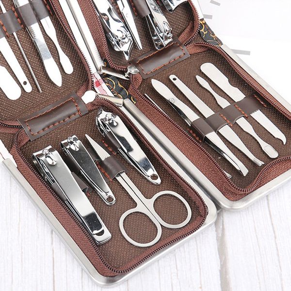 

stainless steel manicure set professional nail clipper tool scissors portable fingernail clipper leather boxes set kits 9 pcs/set vt1393