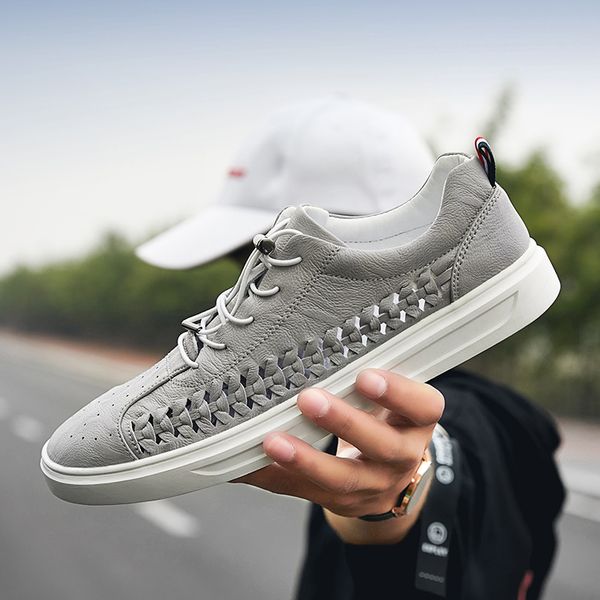 

men casual shoes genuine leather summer breathable holes flat shoes for men nice new trend wild casual tide, Black