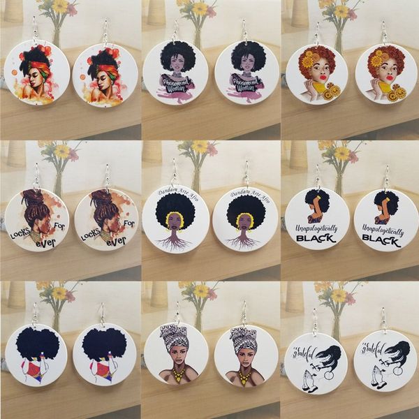 

bohemia wood head portrait 1pair vintage personality printing fashion african beauty's head women drop earring, Silver