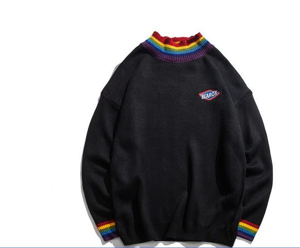 

rainbow collar pullover men's sweater 2019 winter loose style sweater for men high street sweaters black white, White;black
