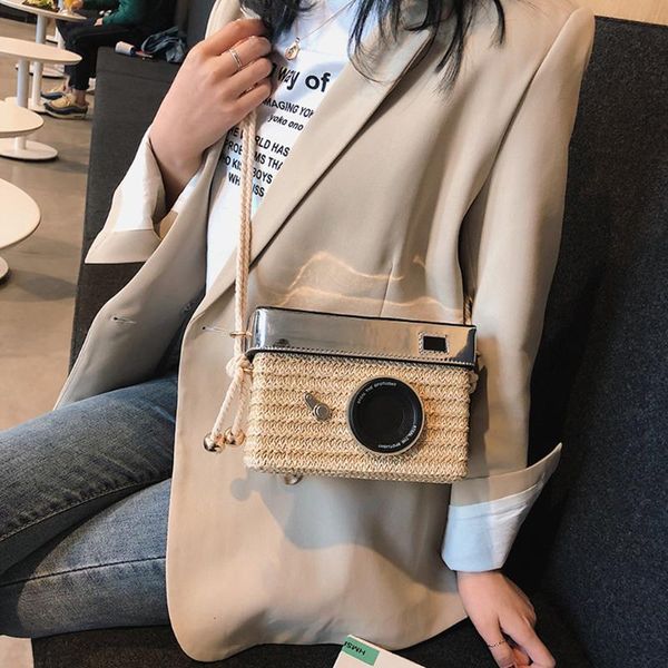

straw bucket bag small flap square bag women beach camera model square messenger bohemian handmade bolsa#g30