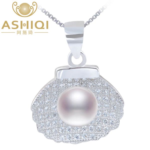 

ashiqi 925 стерлингового серебро оболочки кулон ожерелье природный пресноводный жемчуг для женщин ювелирных изделий нового, Silver
