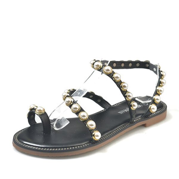 

pearl sandals women 2020 summer new flat-bottomed roman snake-shaped winding all-match fashionable large size sandals, Black