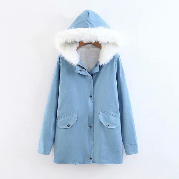 

2018 autumn and winter new style mid-length fur collar hooded washing cowboy cotton-padded clothes women's d18021, Blue;black