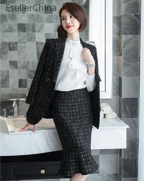 

fabric fashion plaid formal women business suits with fishtail skirt and jackets coat styles ladies blazers set, White;black