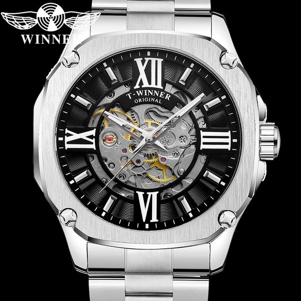 

winner automatic mechanical men wristwatch army sport male clock skeleton classic man watch gift 8184, Slivery;brown