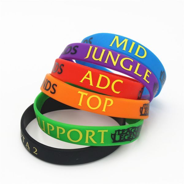 

12pcs/lot bracelet league of legend wristband silicone bracelet with adc, jungle, mid, support, dota 2 printed band sh001, Golden;silver