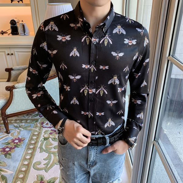 

gold bee print club shirt men 2018 new autumn long sleeve button down slim fit shirt men online shop clothing camisas masculina, White;black