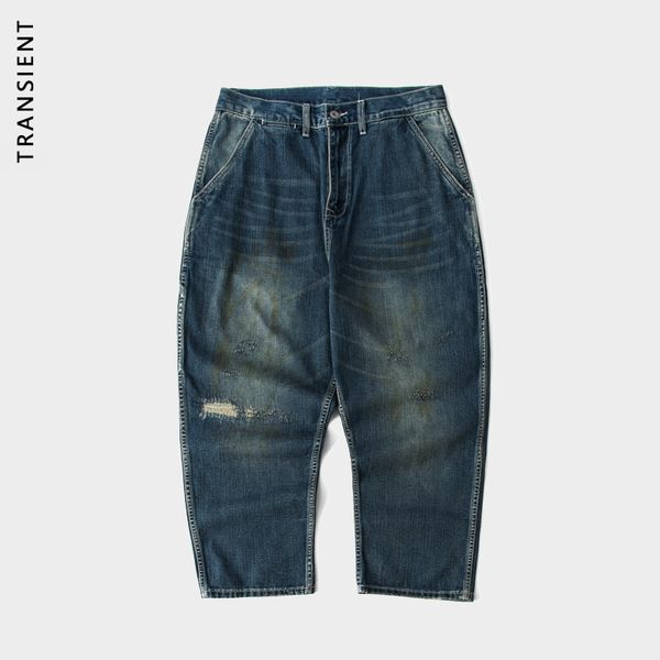 

trs men's wear | 20ss japanese railway hole patch oil stain heavy wash water loose 9-point men's baggy jeans men, Blue