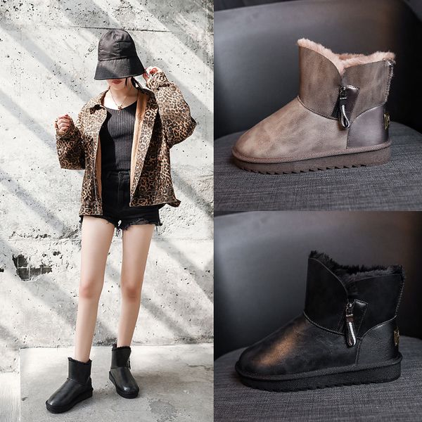 

round toe snow boots for women leather women's shoes zipper flat heel boots-women lace up low heels booties booties ladies, Black