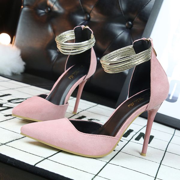 

european and american style thin thin heel high heel shallow pointed suede gold foot loop hollow women's sandals