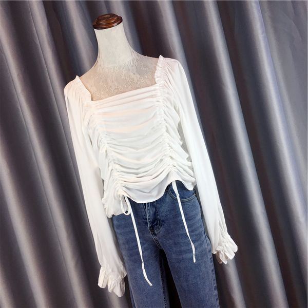 

drawstring площади воротник белый длинный рукав basic top для mujer новый 2020 весна осень все матча пуловеры женщины блузы, White