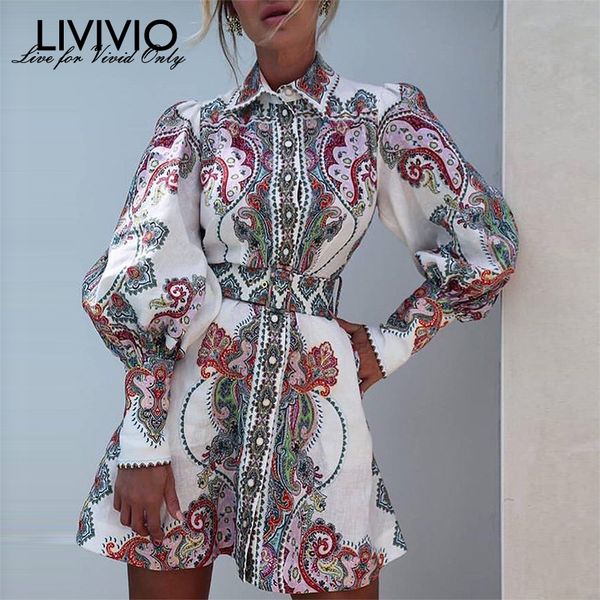 

livivio] vintage floral print lantern long sleeve mini dresses female match belt waisted 2019 autumn clothes for women fashion, Black;gray
