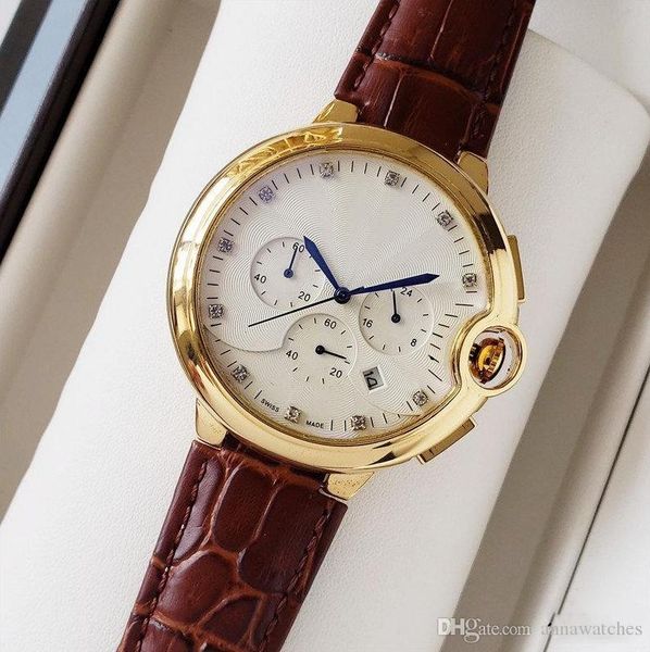 

new fashion full function mens watch inlay diamond luxury designer watches leather strap quartz movement men watches wristwatches, Slivery;brown